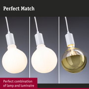 Three white pendant lights with different bulb shapes showcasing modern lighting design