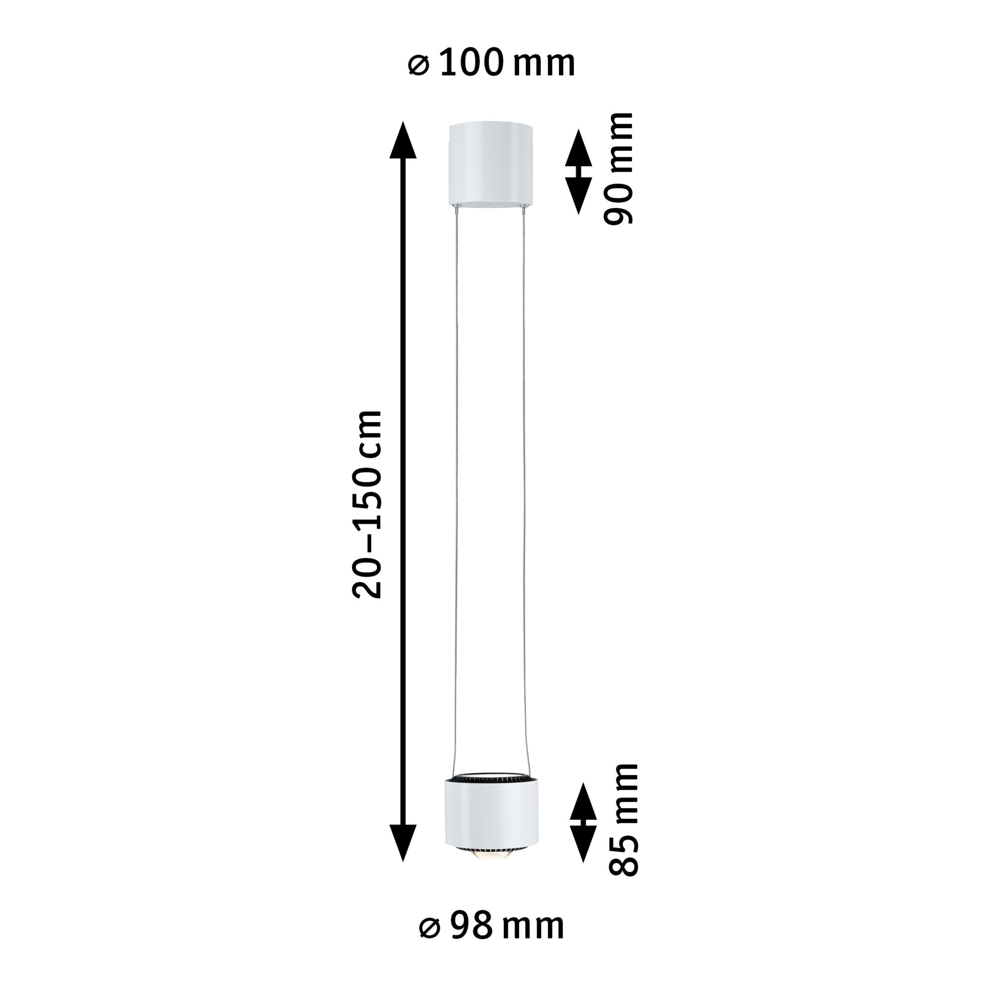 Weißer LED-Hängeleuchte mit 150 cm Länge und 98 mm Durchmesser, moderne Pendelleuchte Maße