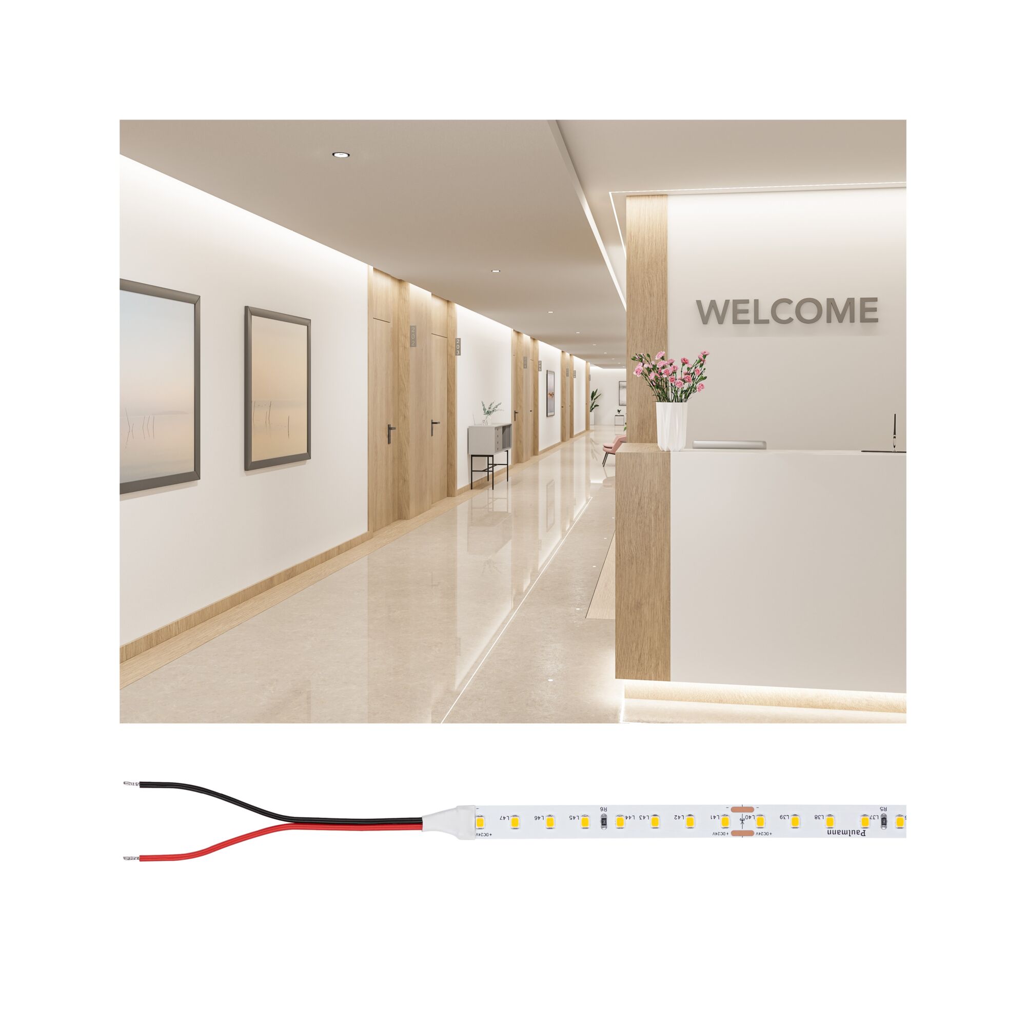 Bande LED flexible avec LED blanc chaud et câbles pour éclairage intérieur et décoration.