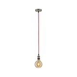 Hanglamp met rode kabel en warm lichtgevende gloeilamp, metalen fitting in geborsteld staal