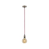 Hängelampe mit rotem Kabel und warm leuchtender Glühbirne, Metallfassung in gebürstetem Stahl