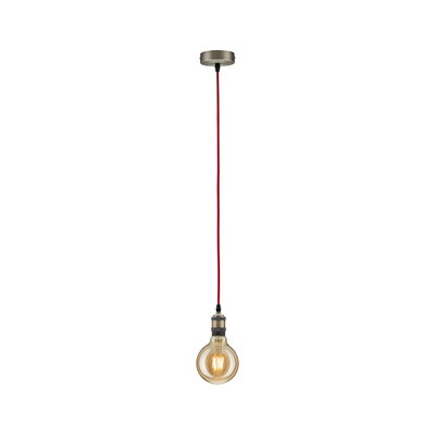 Hängelampe mit rotem Kabel und warm leuchtender Glühbirne, Metallfassung in gebürstetem Stahl