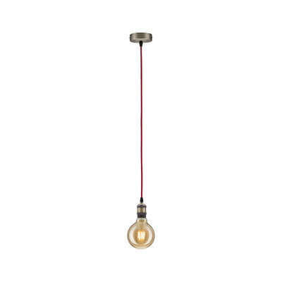 Hängelampe mit rotem Kabel und warm leuchtender Glühbirne, Metallfassung in gebürstetem Stahl