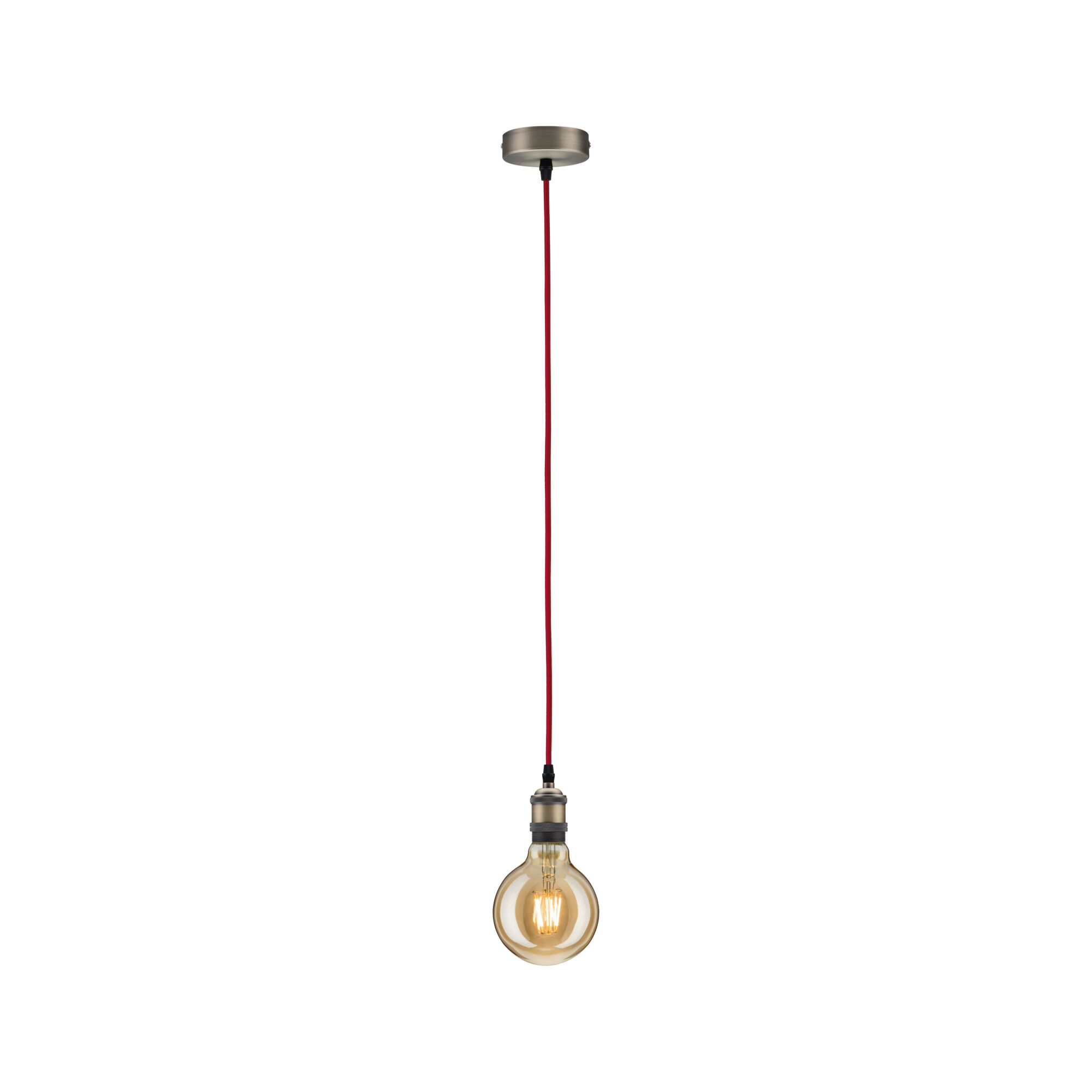 Hängelampe mit rotem Kabel und warm leuchtender Glühbirne, Metallfassung in gebürstetem Stahl