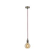 Hängelampe mit rotem Kabel und warm leuchtender Glühbirne, Metallfassung in gebürstetem Stahl