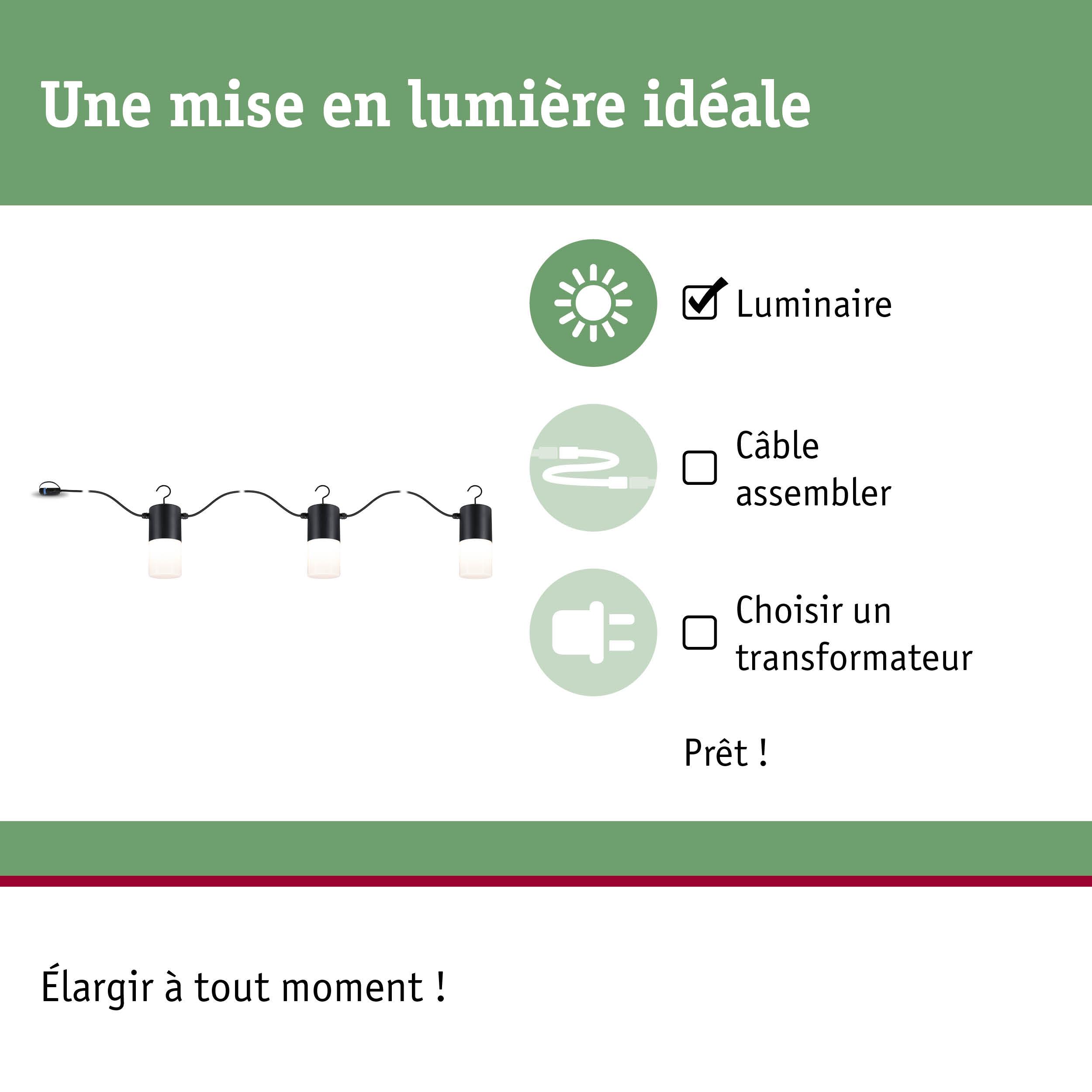 Guirlande LED noire avec trois lampes blanches pour un éclairage intérieur flexible