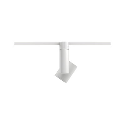 Moderner weißer LED-Strahler aus Metall an Schienensystem für flexible Beleuchtung