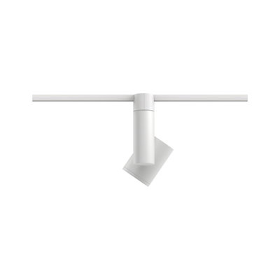 Moderner weißer LED-Strahler aus Metall an Schienensystem für flexible Beleuchtung