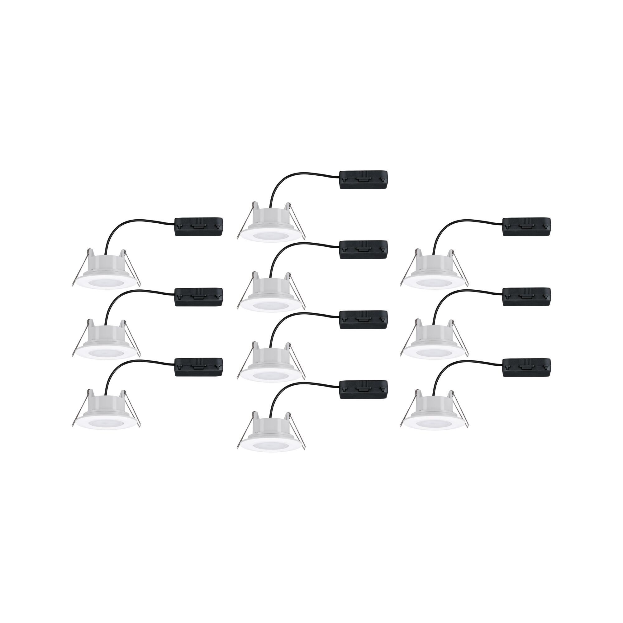 Ten white LED recessed spotlights with black cables for energy-efficient room lighting