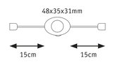 Technical drawing showing dimensions 48x35x31mm and 15cm cable length for electrical part.