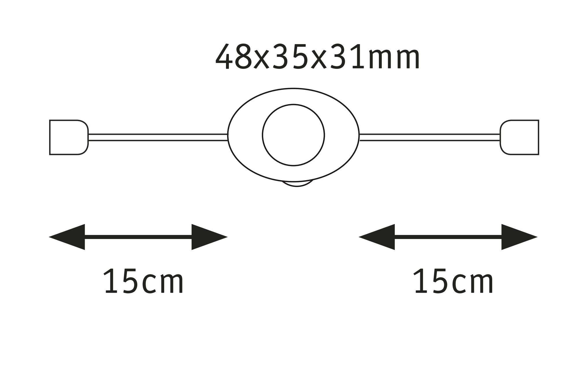 Technical drawing showing dimensions 48x35x31mm and 15cm cable length for electrical part.