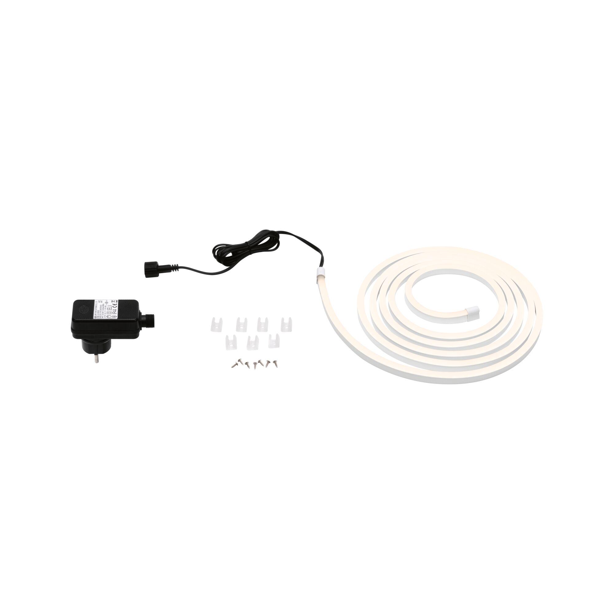 Flexibele warmwitte LED-strip met zwarte adapter en montagclips voor binnenverlichting