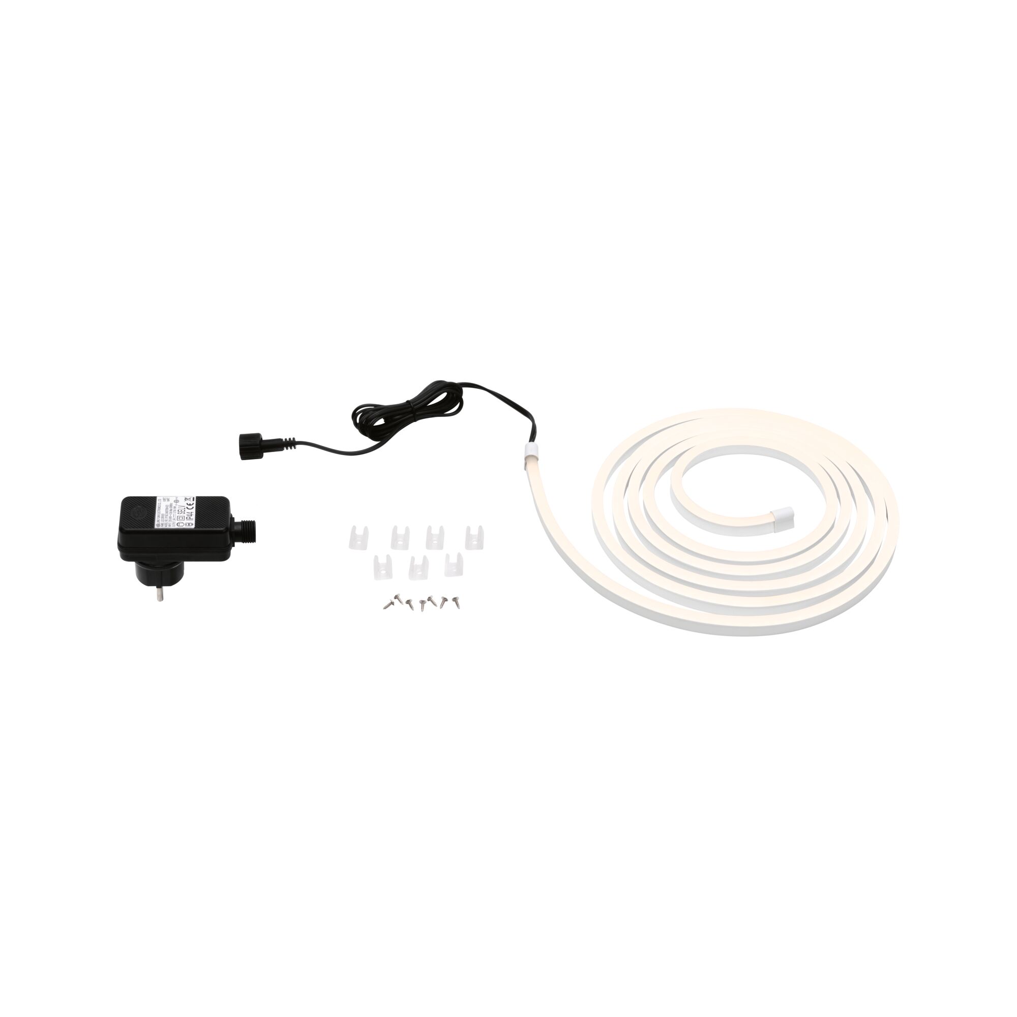 Bande LED flexible blanc chaud avec adaptateur noir et clips de montage pour éclairage intérieur