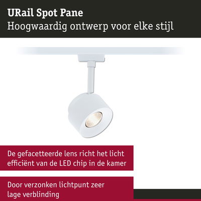 Witte URail Spot Pane LED-spot met gefacetteerde lens voor efficiënte kamerverlichting
