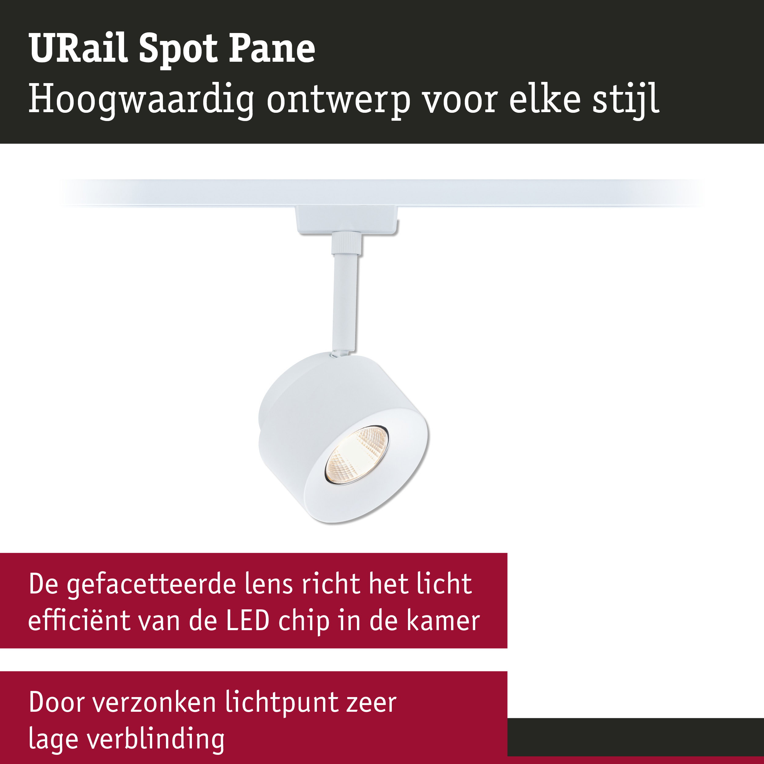 Witte URail Spot Pane LED-spot met gefacetteerde lens voor efficiënte kamerverlichting en lage verblinding