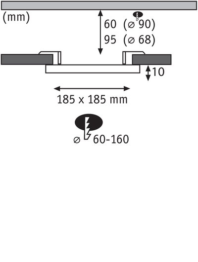 Technical drawing showing 185x185 mm dimensions and 10 mm installation depth for LED downlight