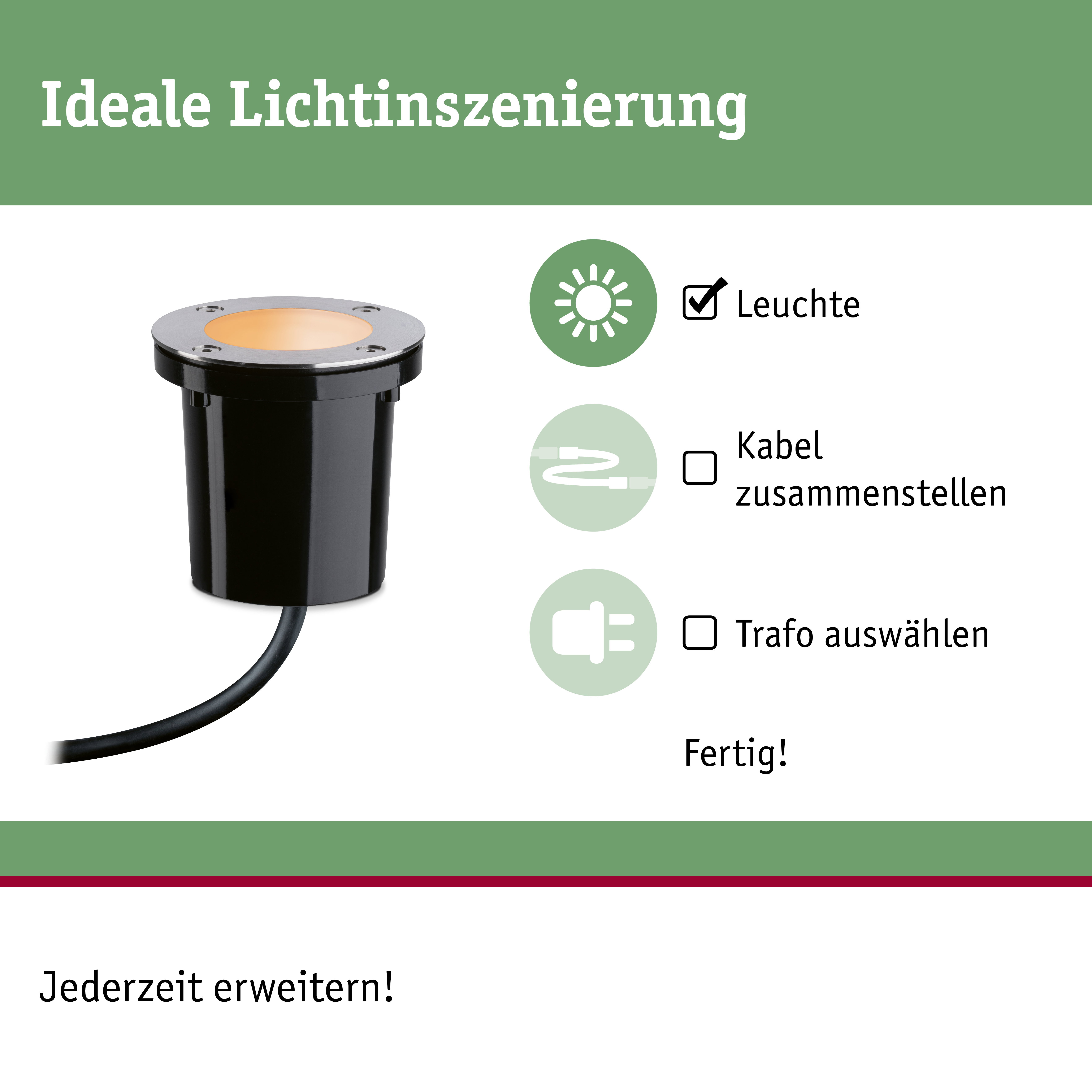 Schwarze Bodeneinbauleuchte mit Edelstahlring und warmweißem Licht für Gartenbeleuchtung