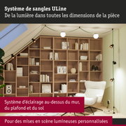 Système d'éclairage ULine avec câbles verts et lampes sphériques blanches au-dessus d'étagères en bois et fauteuil blanc