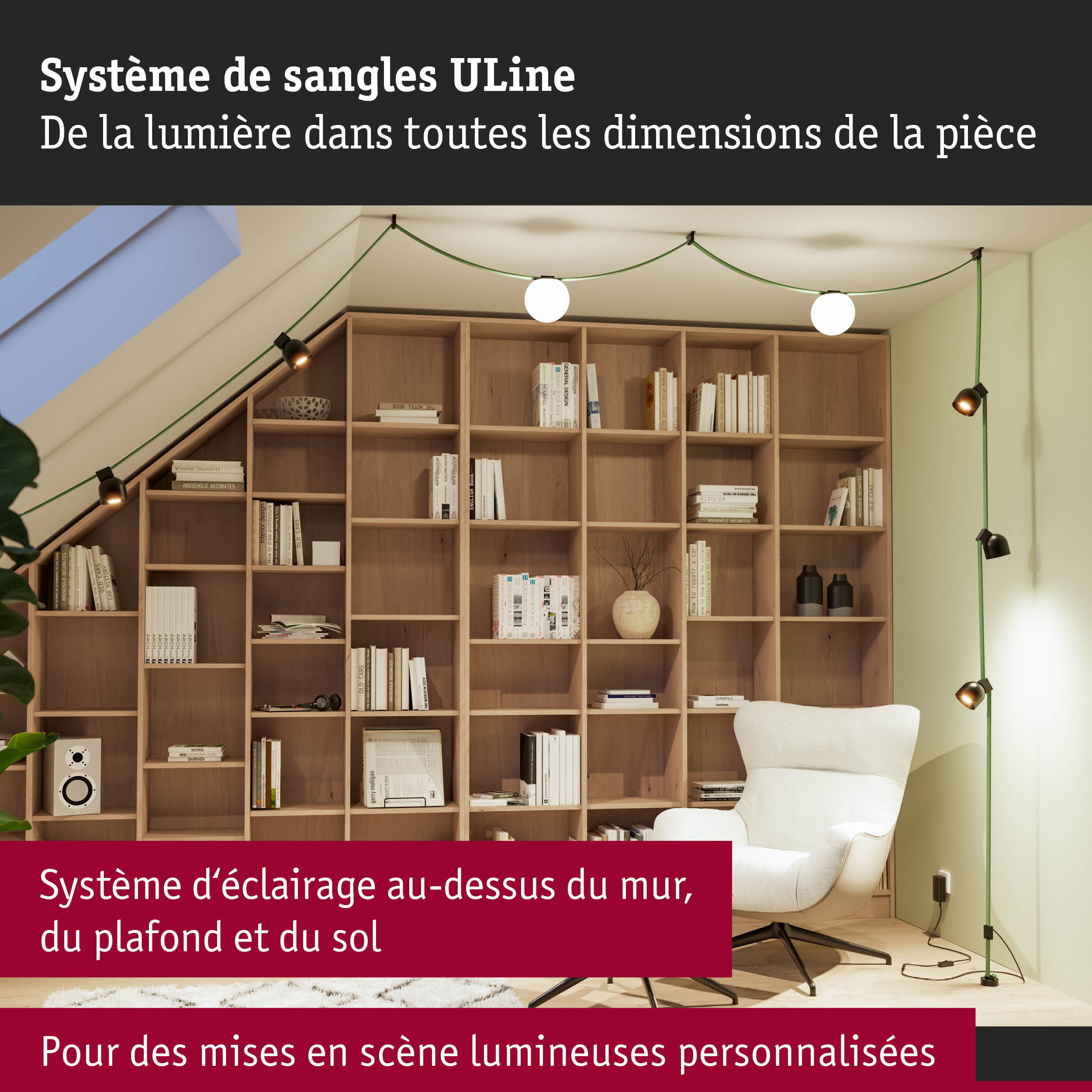 Système d'éclairage ULine avec câbles verts et lampes sphériques blanches au-dessus d'étagères en bois et fauteuil blanc