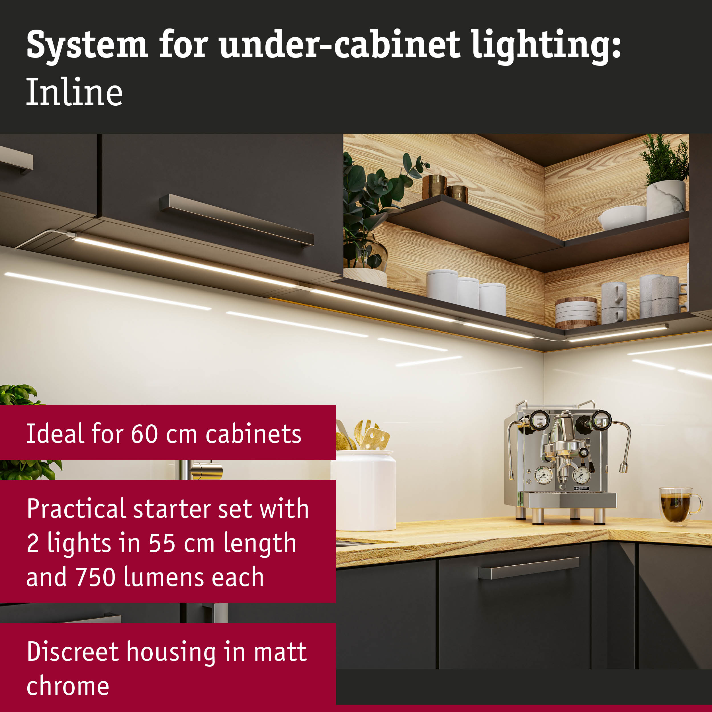 Under-cabinet lighting system in matt chrome for 60 cm cabinets with 2 LED lights and 750 lumens
