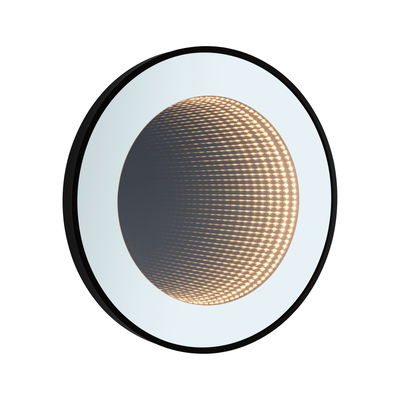 Round LED wall light with black frame and warm white light for modern indoor lighting