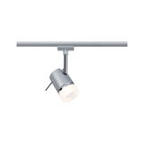 Modern silver LED spotlight with white diffuser for track systems, energy-efficient lighting solution