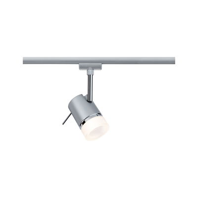 Modern silver LED spotlight with white diffuser for track systems, energy-efficient lighting solution