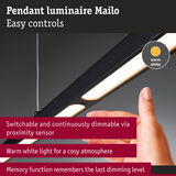 Mailo black pendant luminaire with warm white light and proximity sensor for easy dimming control