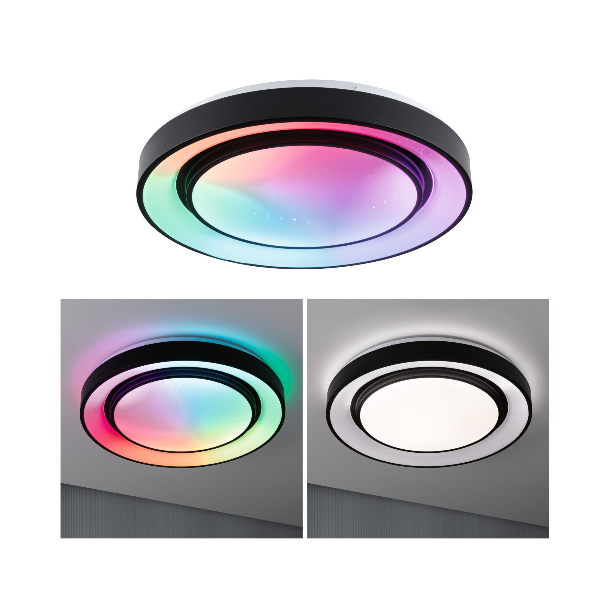 Round LED ceiling light with black frame and multicolor RGB lighting for modern home ambiance