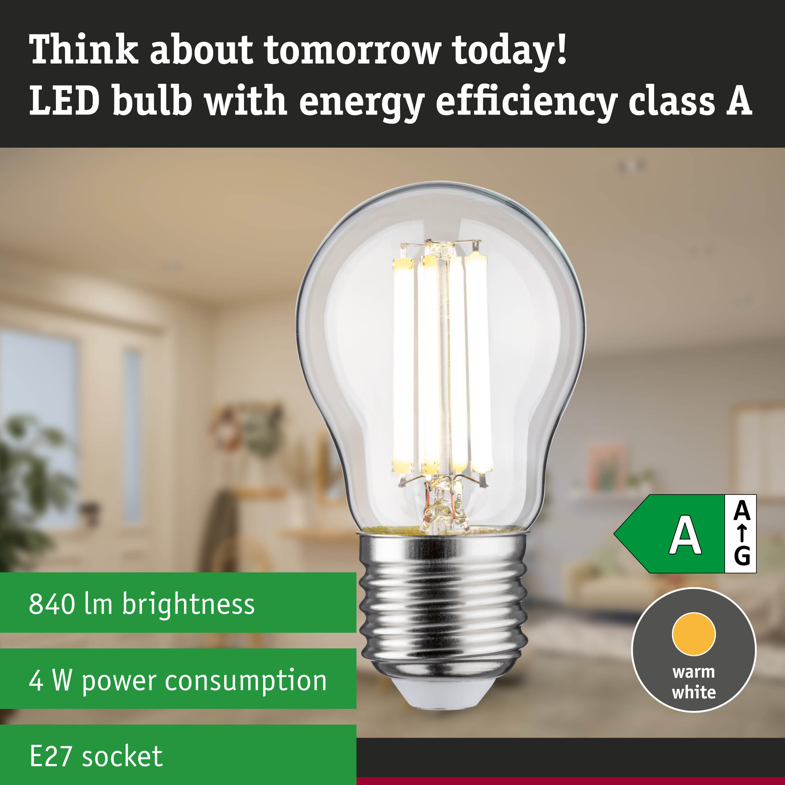 LED bulb with neutral white light and ultra-efficient energy use against green forest background