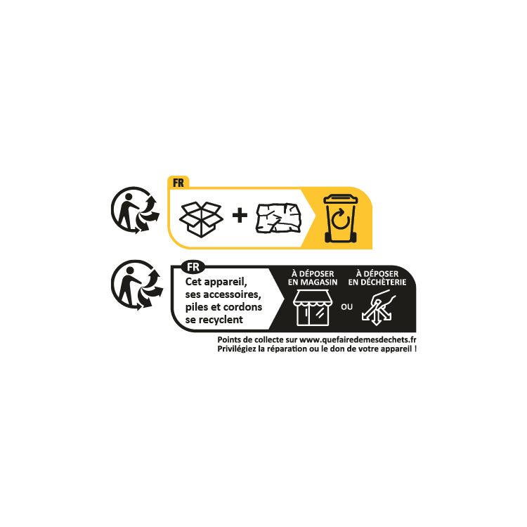 Instructions pour le recyclage des appareils, accessoires, piles et cordons avec points de collecte