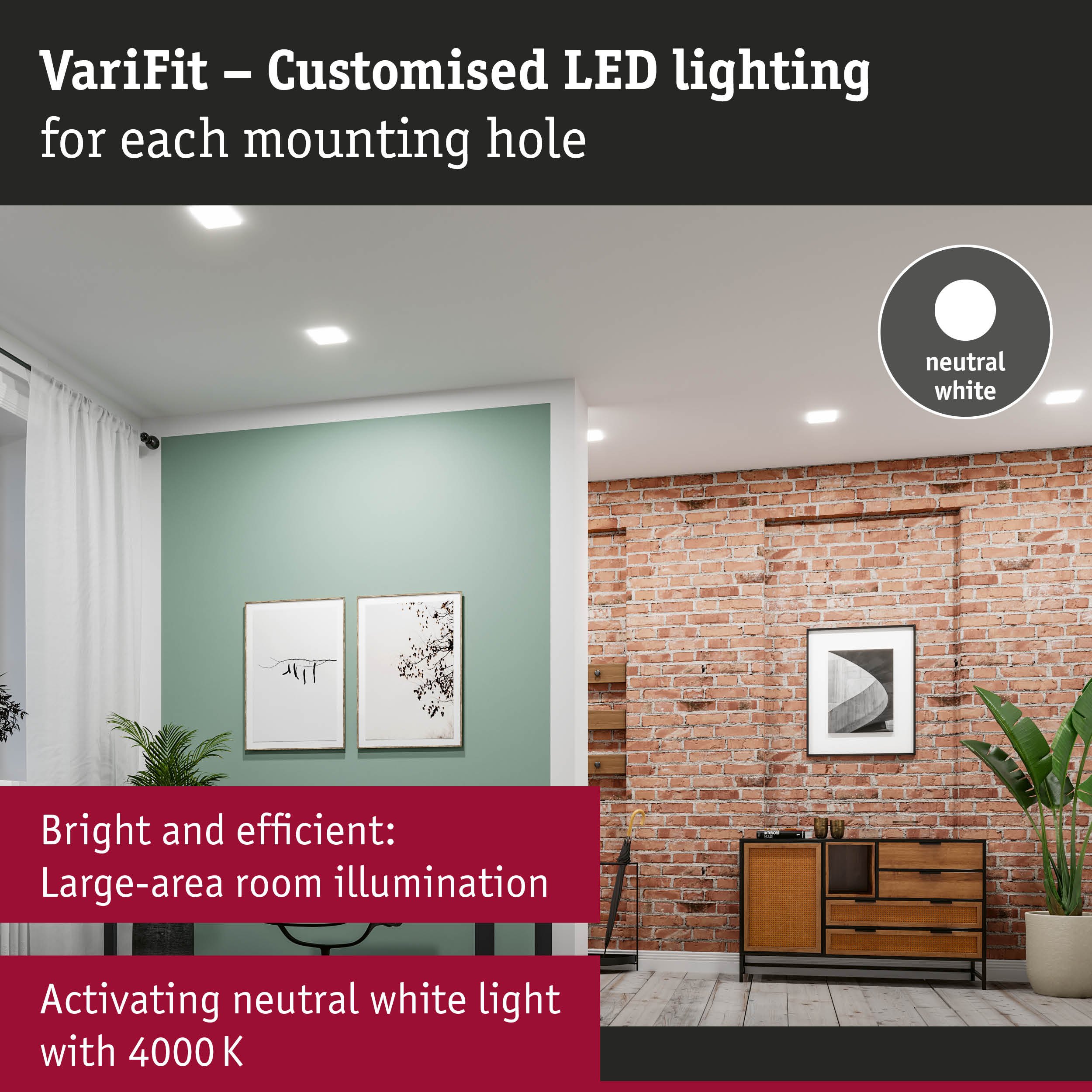 Modern living room with neutral white LED ceiling lights for efficient room illumination