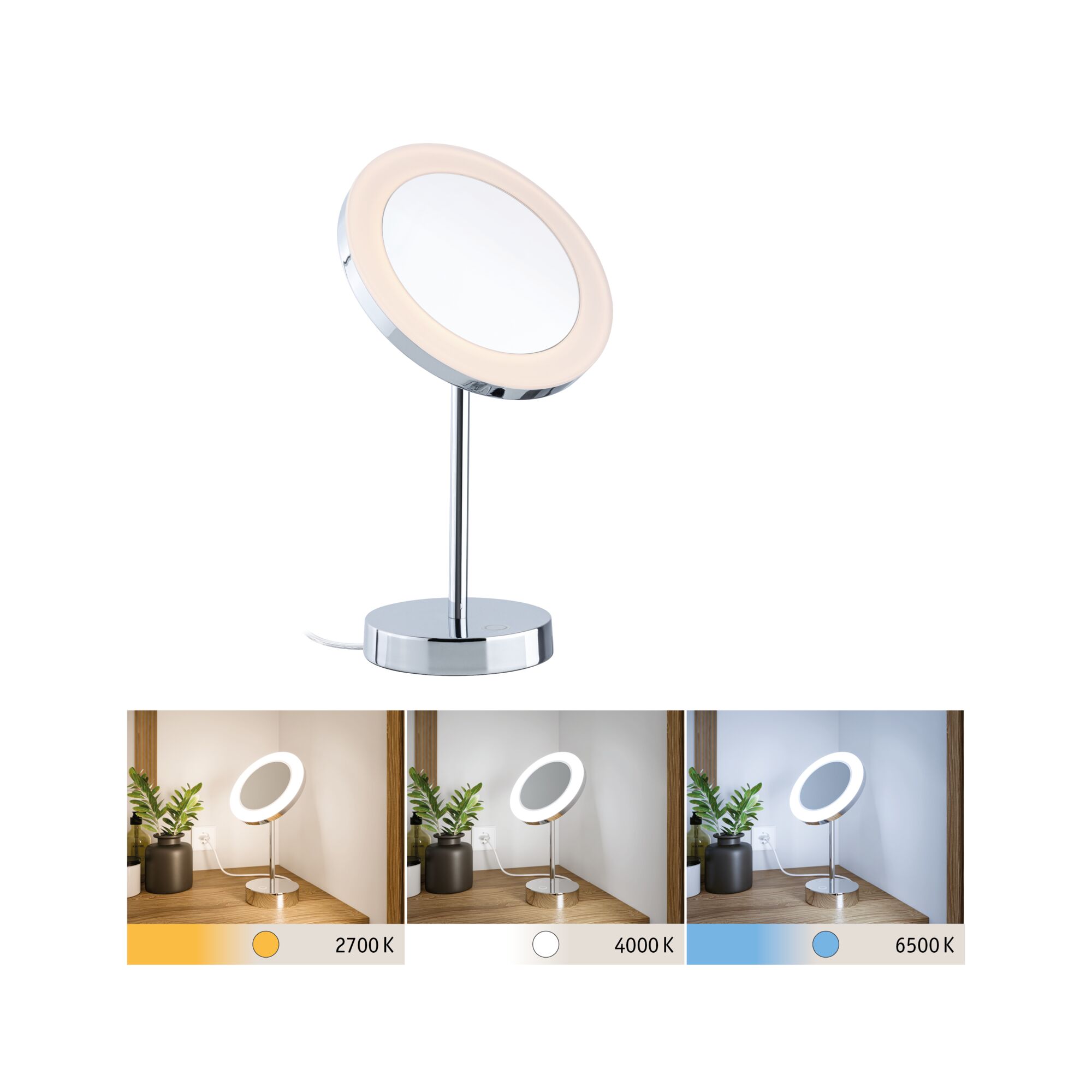 Modern LED makeup mirror in chrome with adjustable light color from 2700K to 6500K for precise lighting