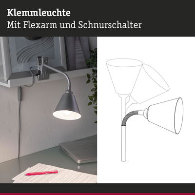 Graue Klemmleuchte aus Metall mit flexiblem Arm und Schnurschalter für Schreibtischbeleuchtung