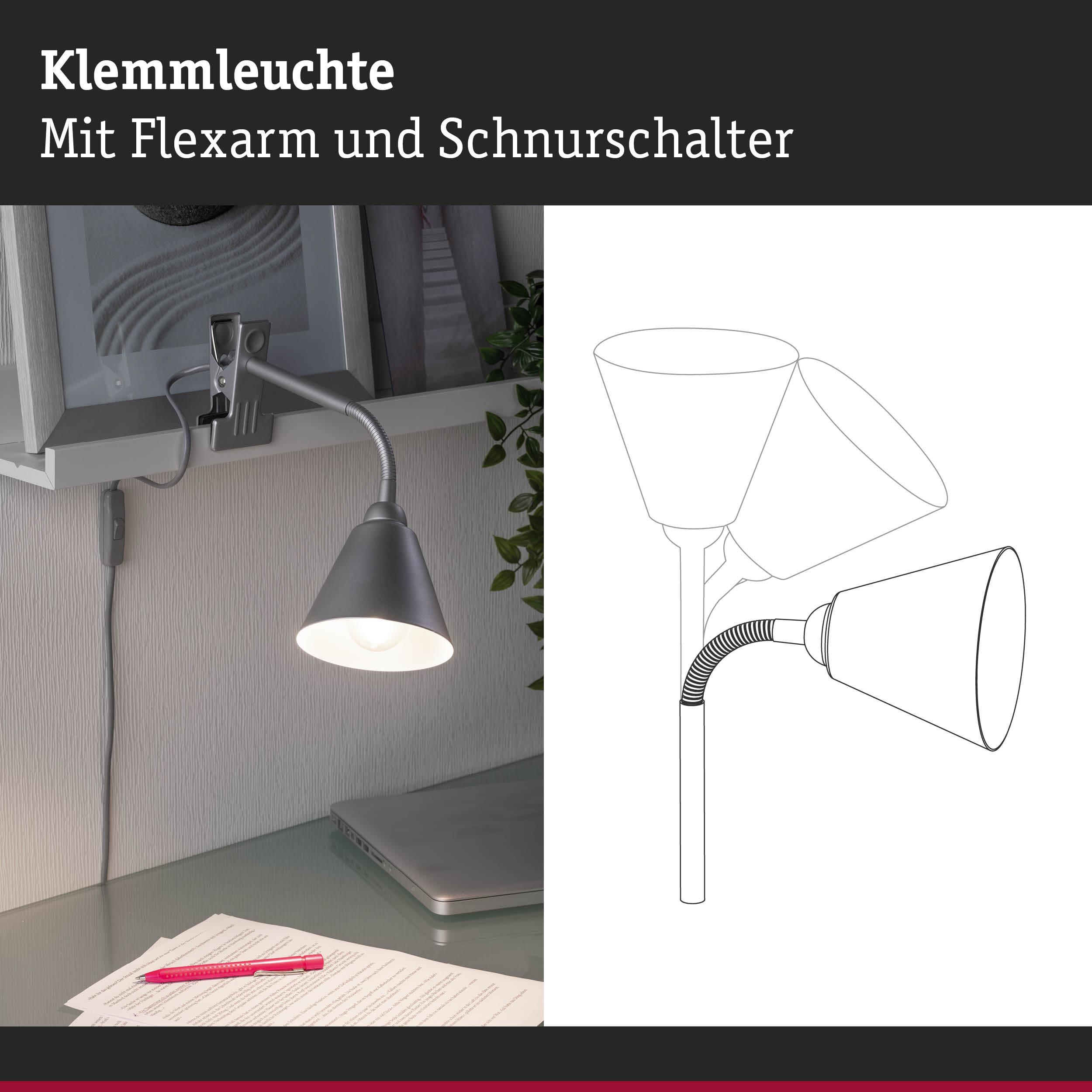 Graue Klemmleuchte aus Metall mit flexiblem Arm und Schnurschalter für Schreibtischbeleuchtung