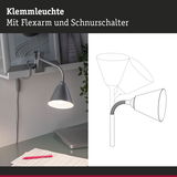 Graue Klemmleuchte aus Metall mit flexiblem Arm und Schnurschalter für Schreibtischbeleuchtung