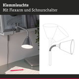 Graue Klemmleuchte aus Metall mit flexiblem Arm und Schnurschalter für Schreibtischbeleuchtung