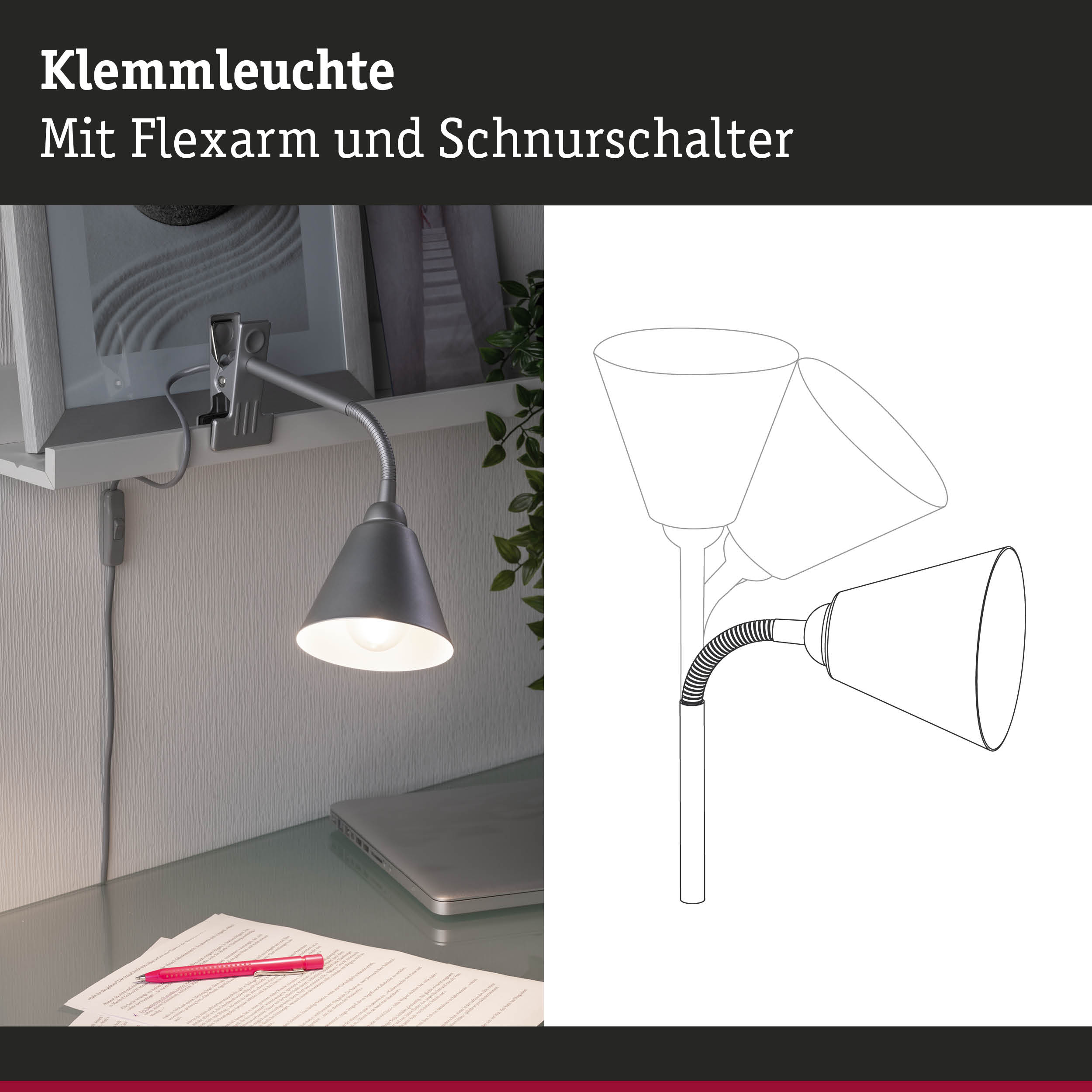 Graue Klemmleuchte aus Metall mit flexiblem Arm und Schnurschalter für Schreibtischbeleuchtung
