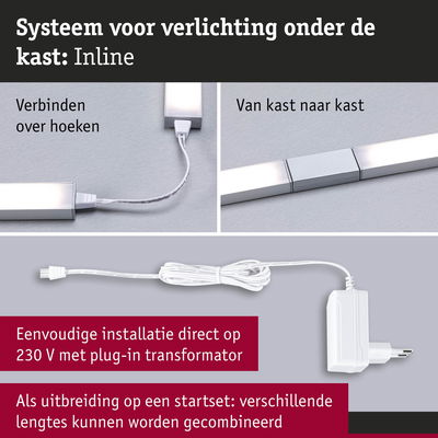 LED-verlichtingssysteem onder kast met stekkertransformator en verbindingskabels voor eenvoudige installatie en verlenging