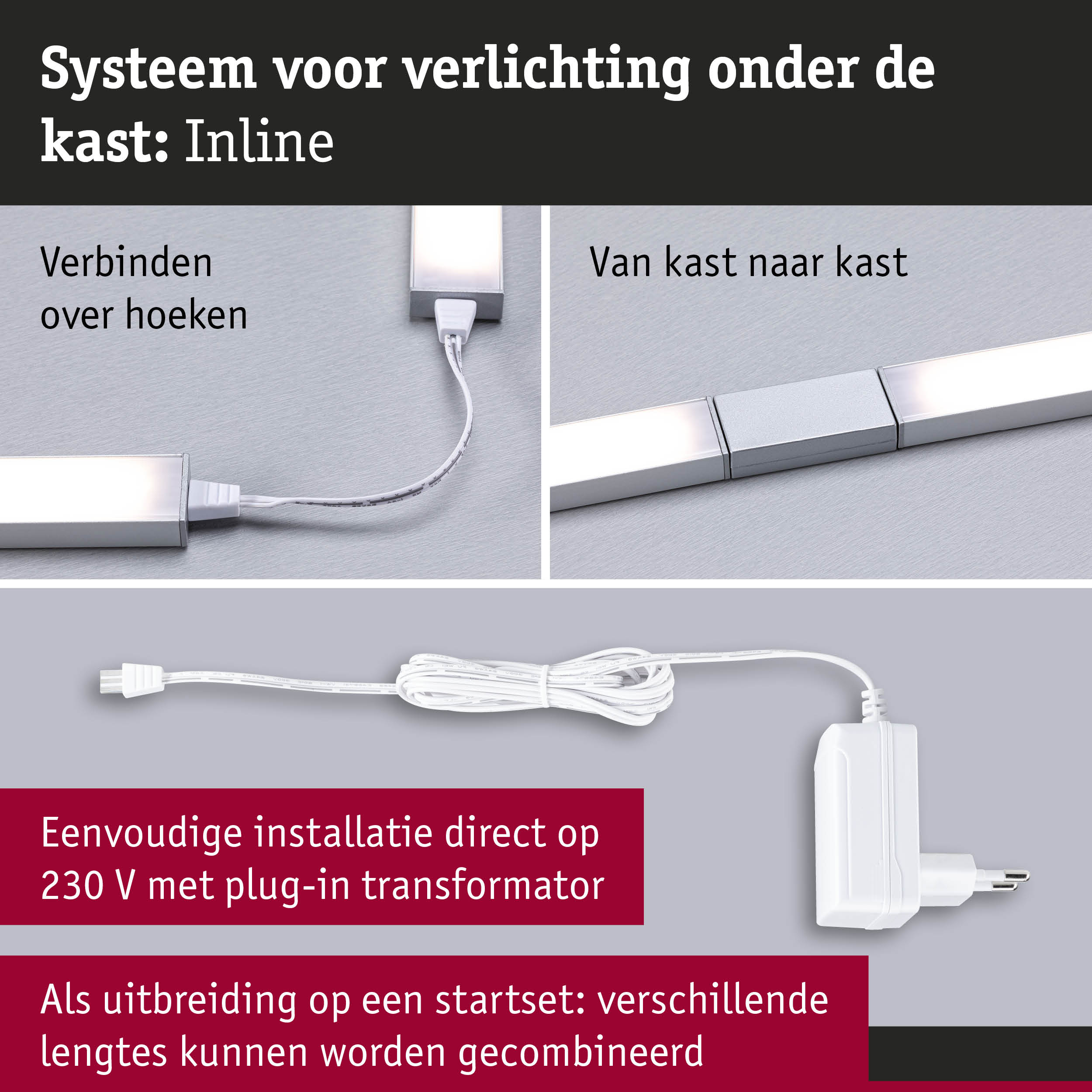 Modulair zilverkleurig LED-verlichtingssysteem onder kast met witte kabel en stekker voor eenvoudige installatie