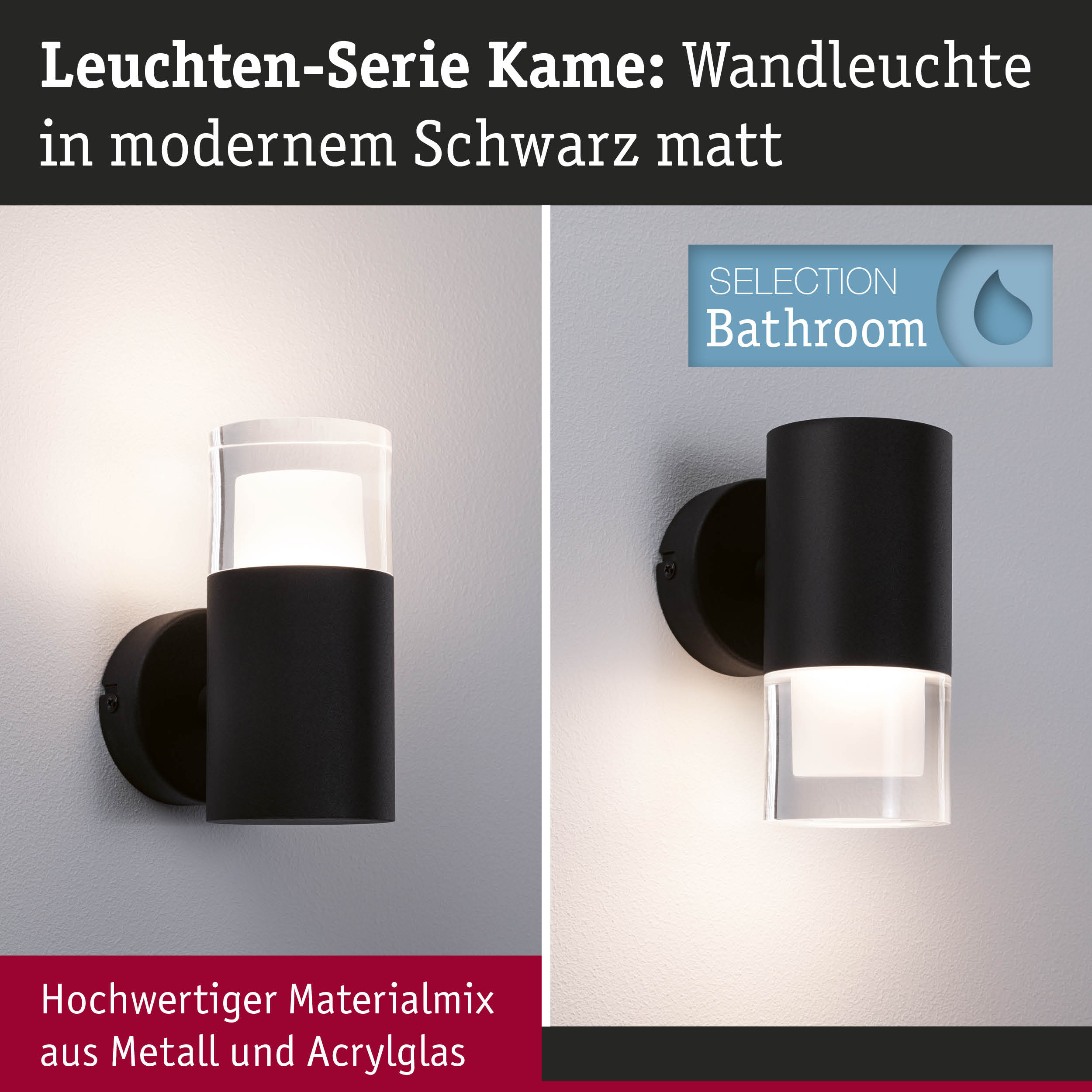 Wandleuchte Kame aus Metall und Acrylglas in mattem Schwarz für modernes Badezimmerlicht