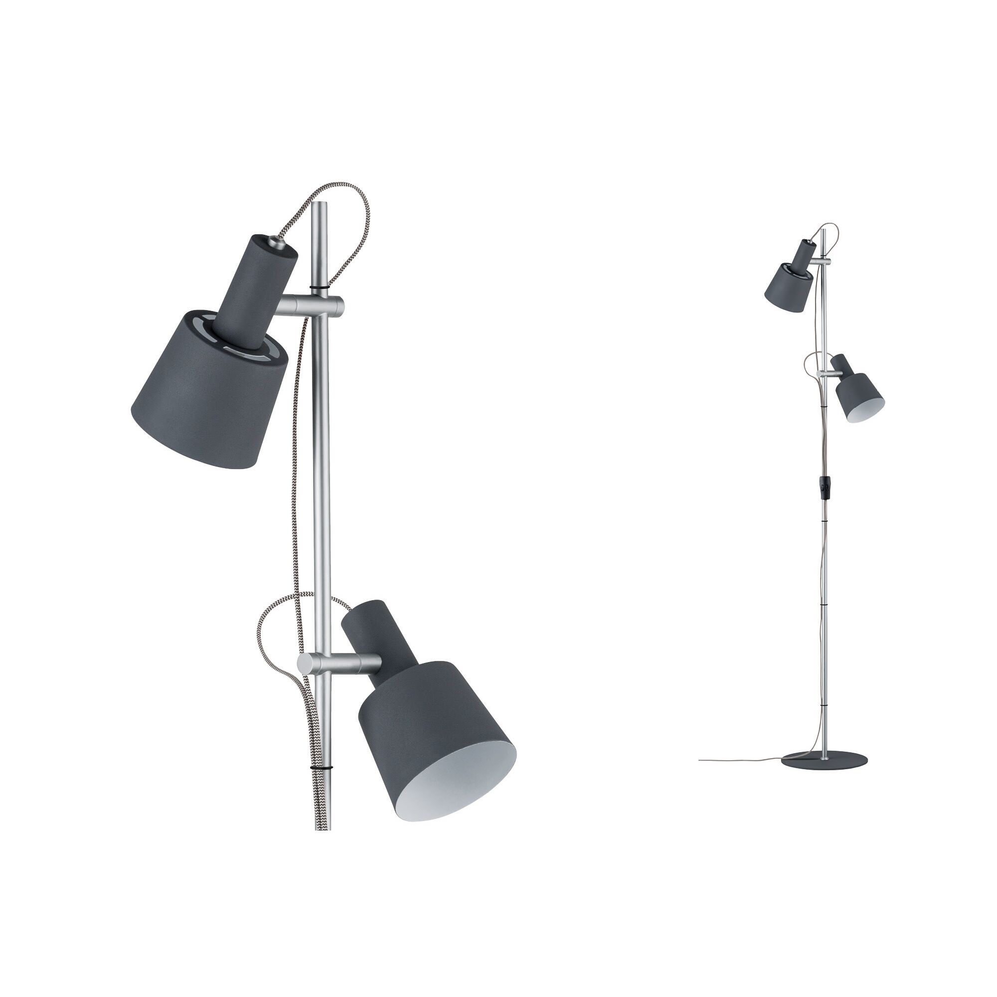 Lampadaire double spot en métal gris avec abat-jours réglables pour éclairage intérieur