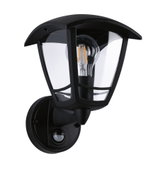 Black metal outdoor wall light with clear glass and motion sensor for garden lighting