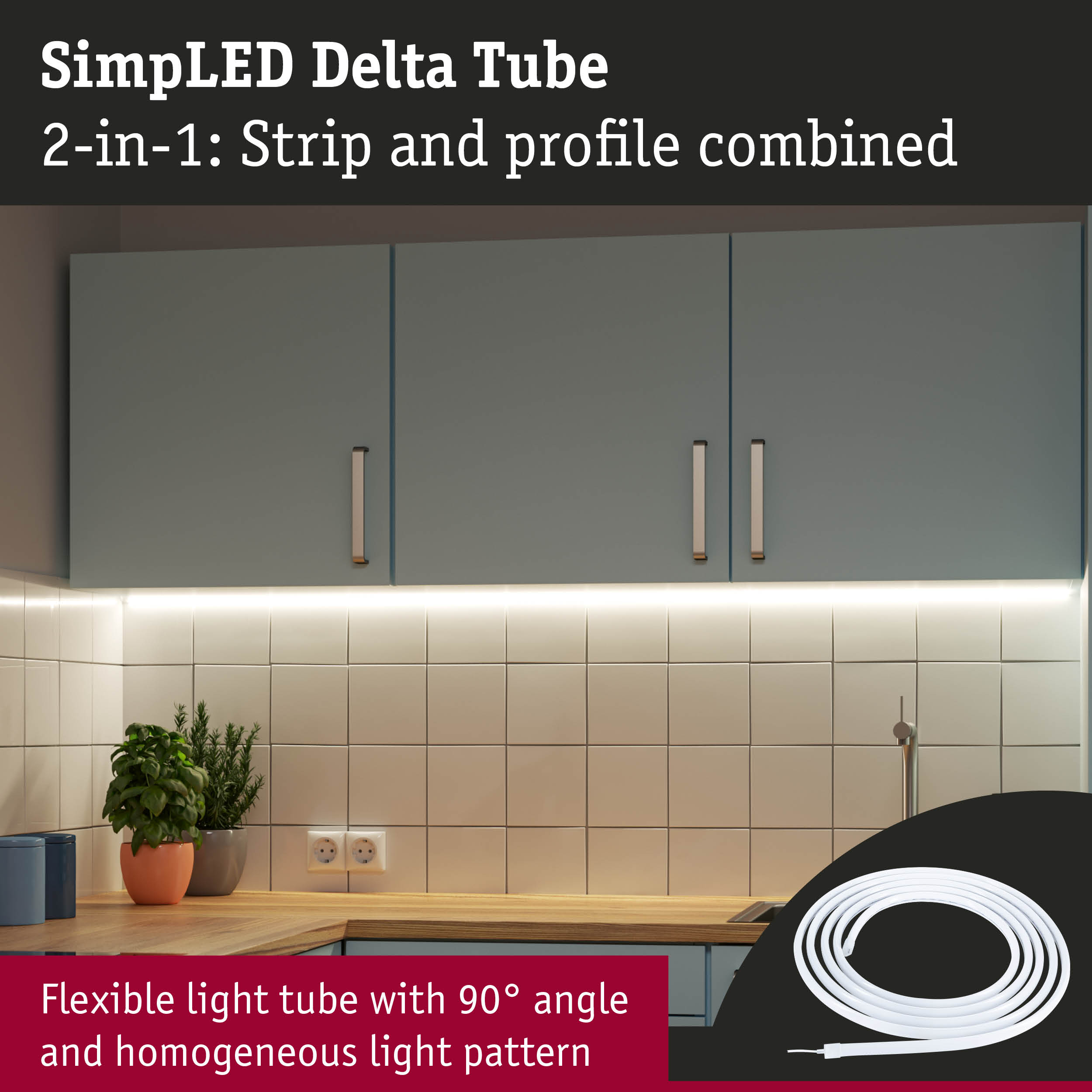 Flexible white LED light tube with 90° angle and uniform light pattern for kitchen lighting
