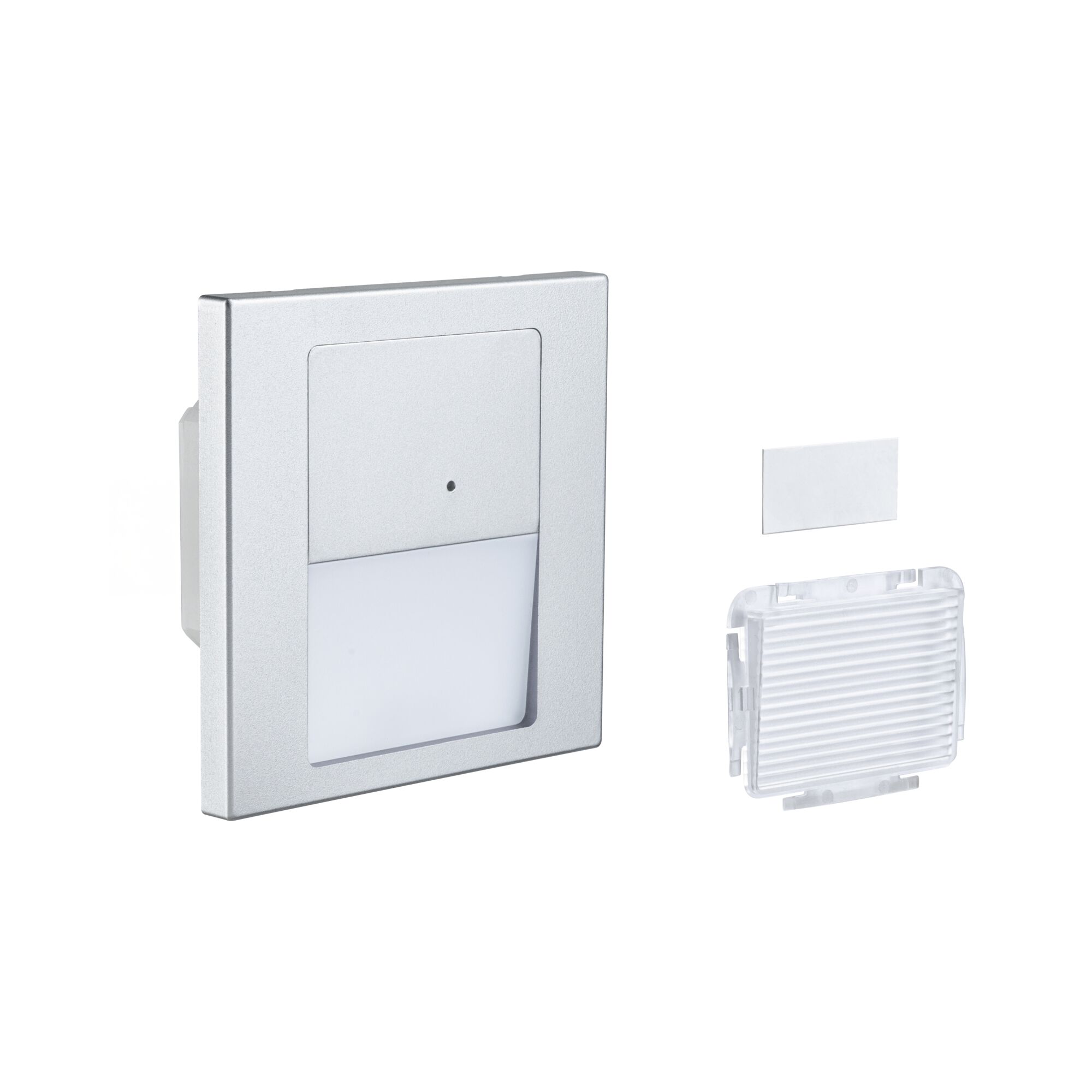 Quadratischer LED-Treppenlichtschalter aus silbernem Aluminium mit Diffusor und Zubehör.