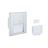 Quadratischer LED-Treppenlichtschalter aus silbernem Aluminium mit Diffusor und Zubehör.