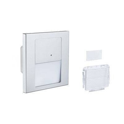 Quadratischer LED-Treppenlichtschalter aus silbernem Aluminium mit Diffusor und Zubehör.