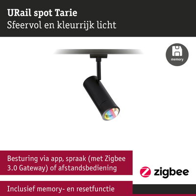 Zwarte URail spot Tarie van metaal met kleurrijk licht, te bedienen via app en Zigbee 3.0 Gateway