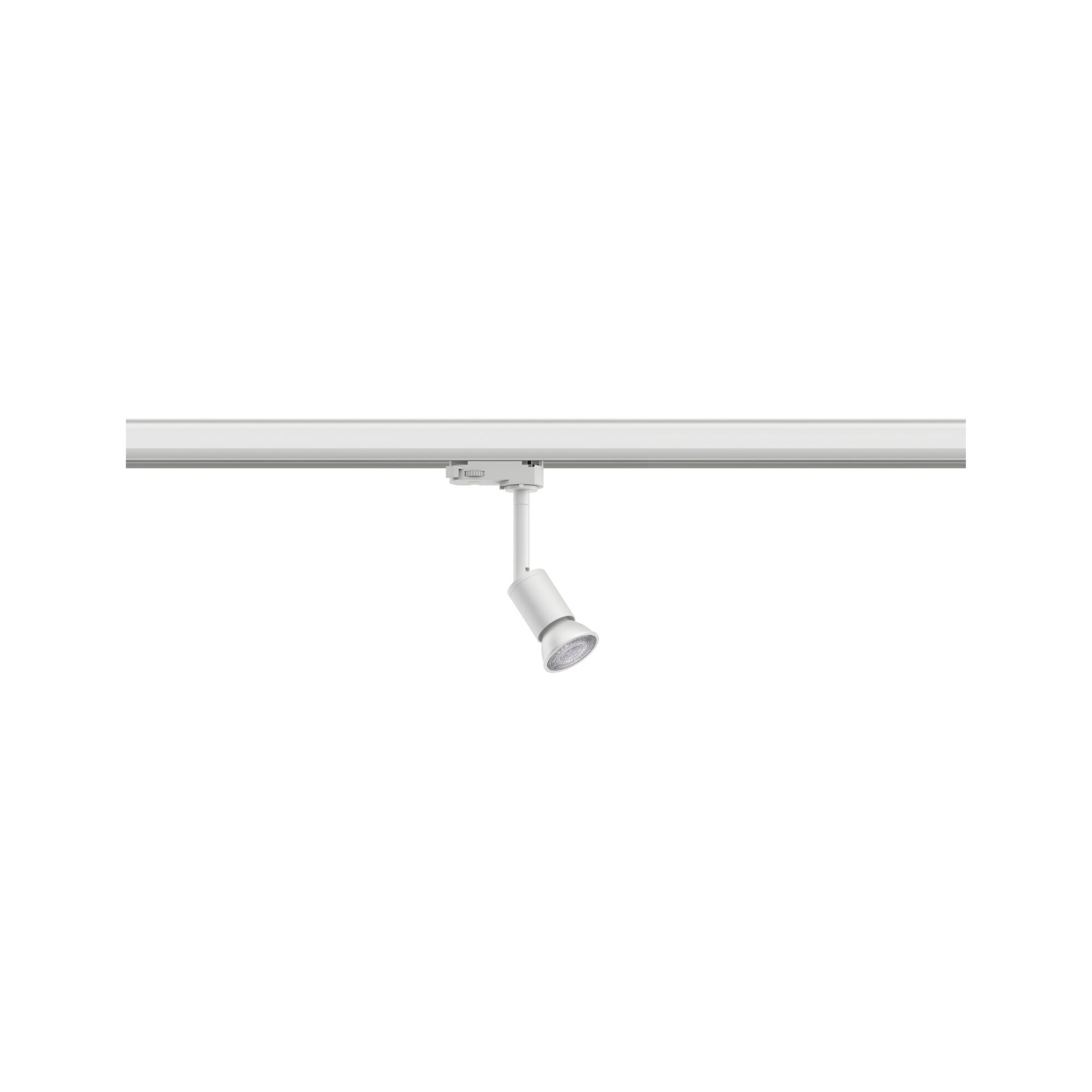 Weißer LED-Strahler aus Metall an Schienensystem für flexible Raumbeleuchtung