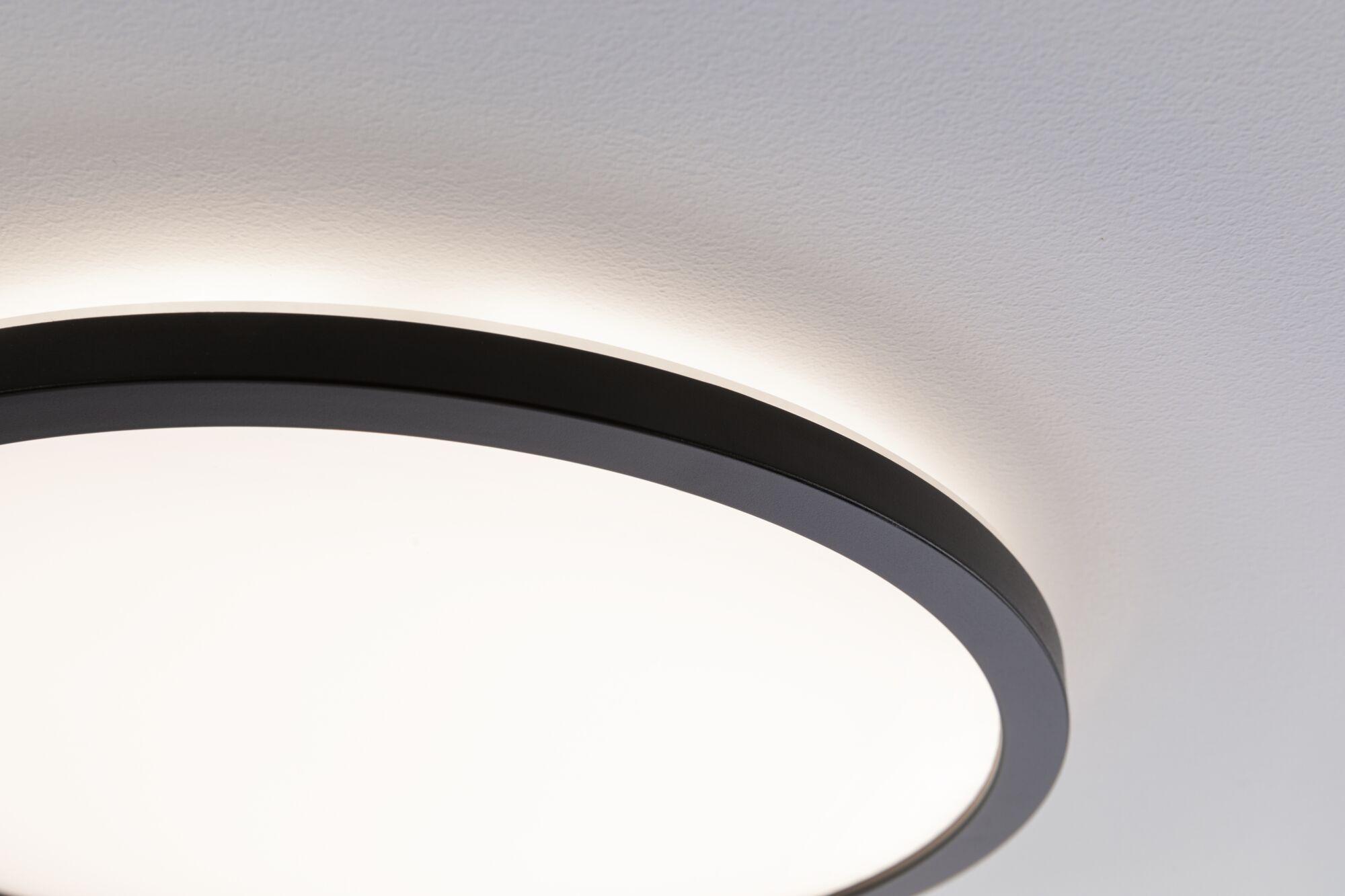 Okrągła lampa sufitowa z czarną metalową ramą i ciepłym białym światłem LED do nowoczesnych wnętrz